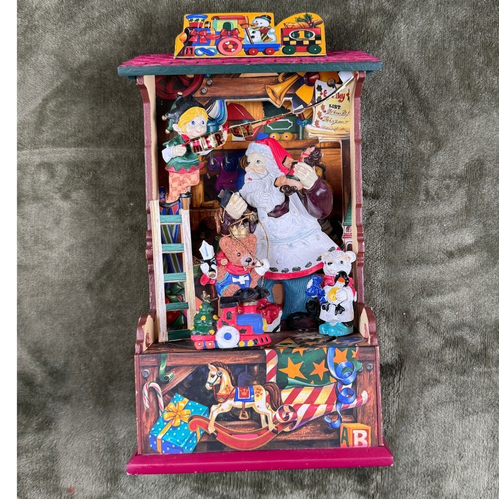 Vintage Christmas Santa's Workshop Musical Shadow Box 3D Toy Shop Decor 10.5"